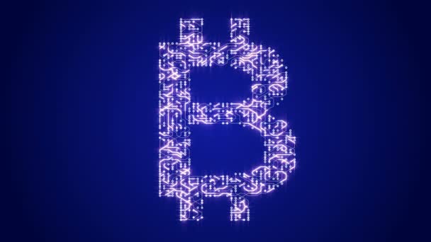 4k μια φουτουριστική πλακέτα κυκλώματος κινούμενα ηλεκτρόνια σε σχήμα Bitcoin σύμβολο νόμισμα. — Αρχείο Βίντεο