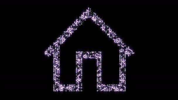 Futurystyczny płytka z ruchu elektronów w kształcie domu symbol 4k. — Wideo stockowe