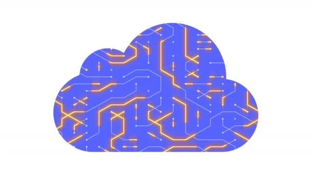 4k una placa de circuito futurista con electrones en movimiento en forma de nube de ordenador . — Vídeo de stock