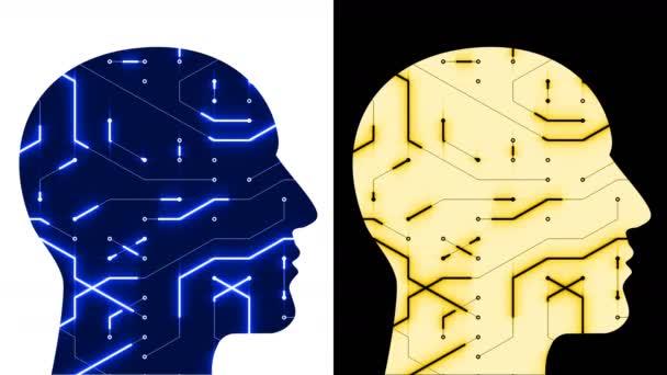 Linea digitale del circuito chip della testa del cervello 4k, la gente pensa intelligenza artificiale di AI — Video Stock