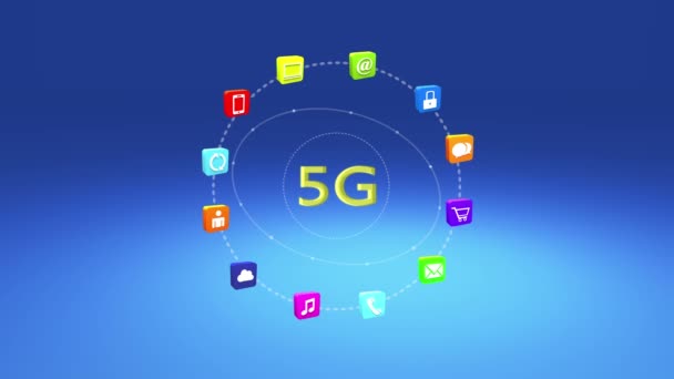4k, 5G sembolü, sanal internet konsepti, çevrimiçi hizmet simgeleri, sosyal medya. — Stok video