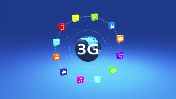 Symbole 4k 3G, concept, icônes de services en ligne, médias sociaux autour de la terre tournante . — Video