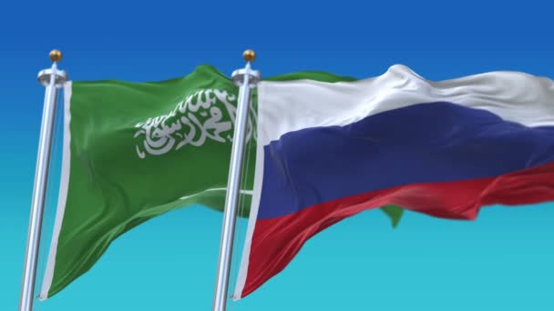 Banderas de Arabia Saudita y Rusia sin costuras de 4k con fondo de cielo azul, KSA RUS . — Vídeos de Stock