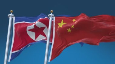 Mavi gökyüzü arka plan ile 4k Dikişsiz Kuzey Kore ve Çin Bayrakları, Dprk Chn Cn.