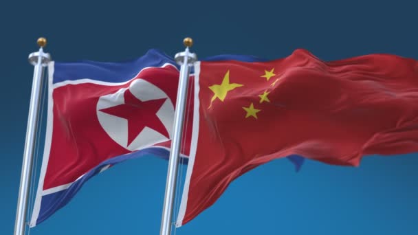 Banderas de Corea del Norte y China sin costura 4k con fondo de cielo azul, RPDC CHN CN . — Vídeo de stock