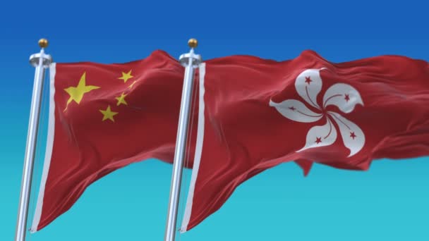 4K bezszwowe Hong Kong i Chiny flagi z niebieskim tle nieba, HK CHN CN. — Wideo stockowe