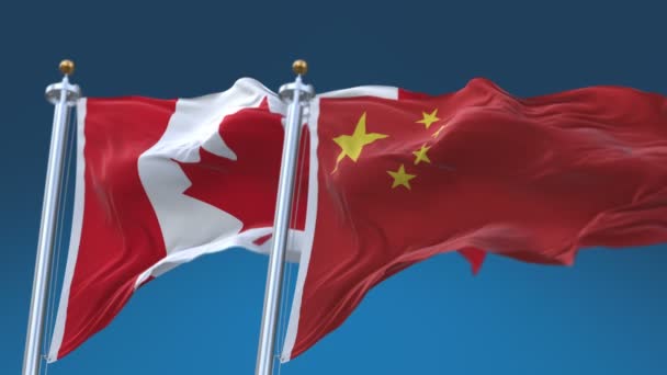 4k varrás nélküli Kanada és Kína zászlók kék ég háttér, Can CA CHN CN. — Stock videók