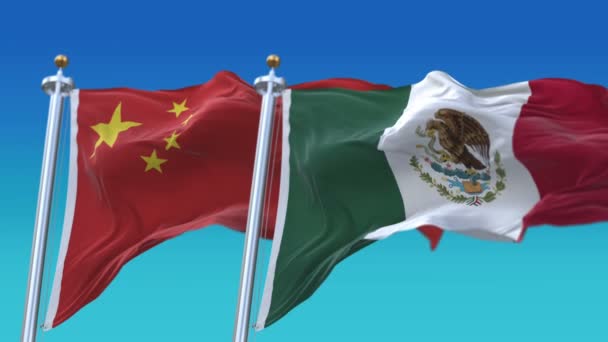 Banderas de México y China sin costuras 4k con fondo de cielo azul, MEX MX CHN CN . — Vídeo de stock