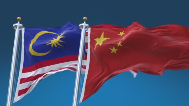 4k naadloze Maleisië en China vlaggen met blauwe hemel achtergrond, MGL mijn CN CHN. — Stockvideo