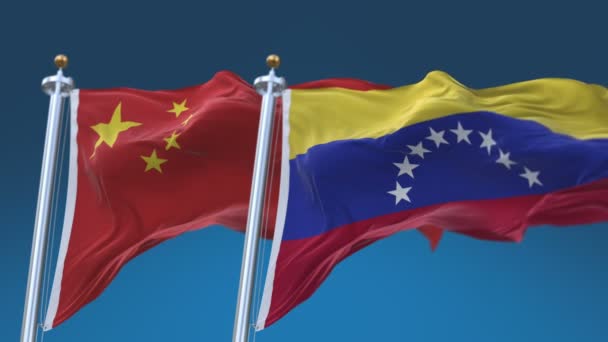 4k Seamless Venezuela e China Bandeiras com fundo azul céu, VEN VE CHN CN . — Vídeo de Stock