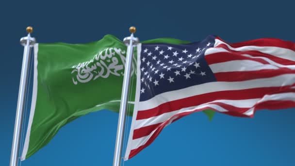4K 바다없는 미국 과 사우디아라비아의 국기 배경, 미국 ksa. — 비디오