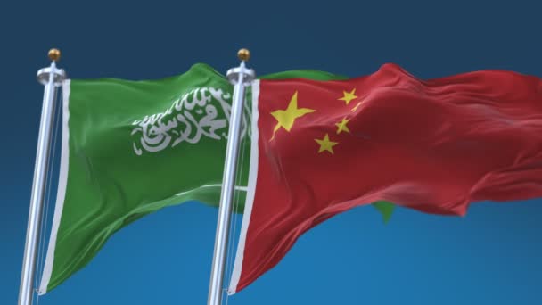 4k Arábia Saudita sem costura e China Bandeiras com fundo azul céu, KSA CN . — Vídeo de Stock
