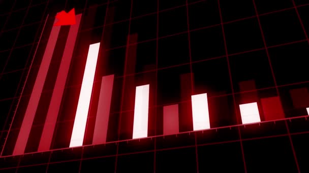 Gráfico de 4k HUD con flecha descendente y estadísticas de barras, crisis financiera, caída de acciones . — Vídeo de stock