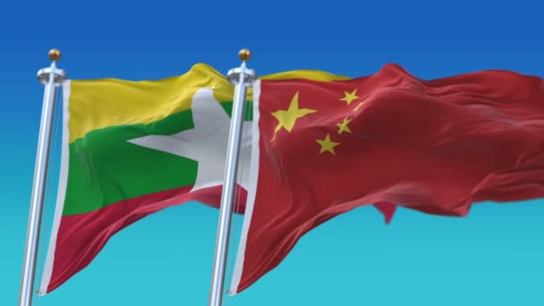 4k Kusursuz Myanmar ve mavi gökyüzü arkaplanlı Çin Bayrakları, MYA CN. — Stok video