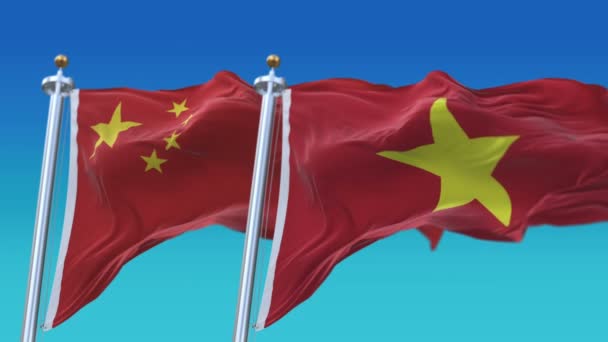 Banderas de Vietnam y China sin costura 4k con fondo de cielo azul, VIE VN CHN CN . — Vídeo de stock