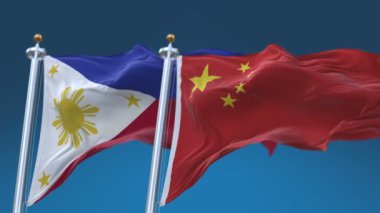 4k Dikişsiz Filipinler ve Çin Bayrakları mavi gökyüzü arka plan ile, Phi Ph Chn Cn.