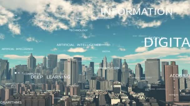 4k 인공 지능 태그 클라우드 타임 라인 클라우드 도시 상공을 날아. — 비디오