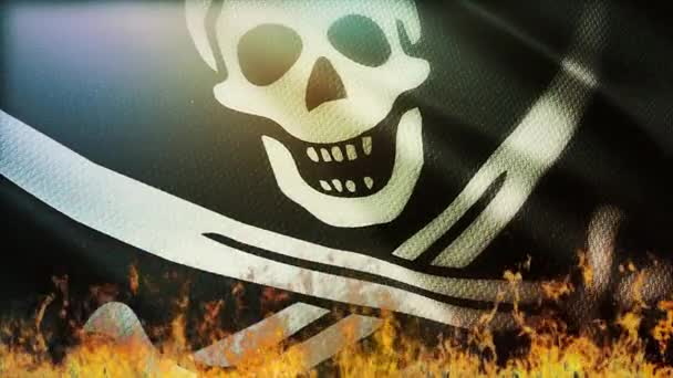 4k Burning Pirate flagga Skull med flaggstång viftande vind sömlös loop bakgrund — Stockvideo