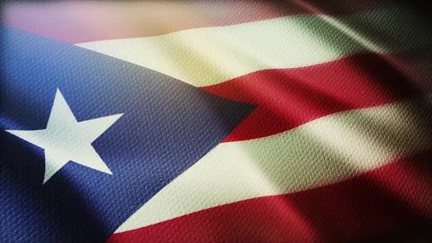 4k 푸에르토리코 깃발 바람없는 고리 배경에 가까이 손을 천천히 흔들고 있다. — 비디오