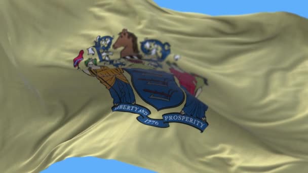 4k New Jersey Flagge, Bundesstaat in den Vereinigten Staaten von Amerika, Stoffstruktur Schleife Hintergrund — Stockvideo