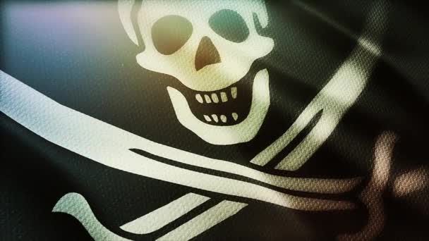 4k Looping Pirate flag Skull with flagpole waving wind seamless loop background — Stock Video