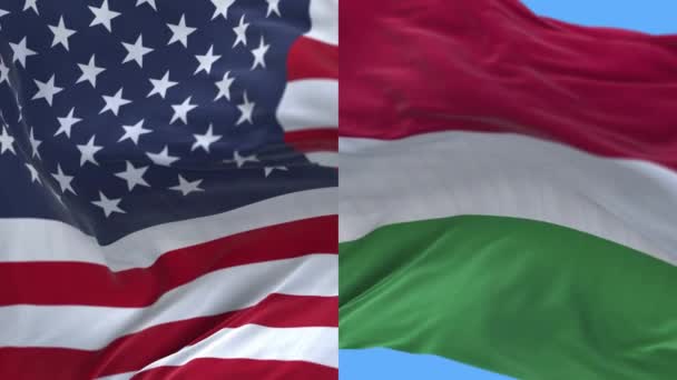 4k Estados Unidos da América EUA e Hungria Bandeira nacional sem costura fundo . — Vídeo de Stock