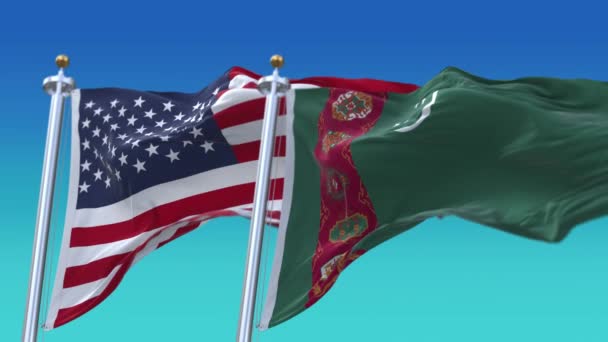 4k United States of America USA and Turkmenistan National flag background. — Stock Video