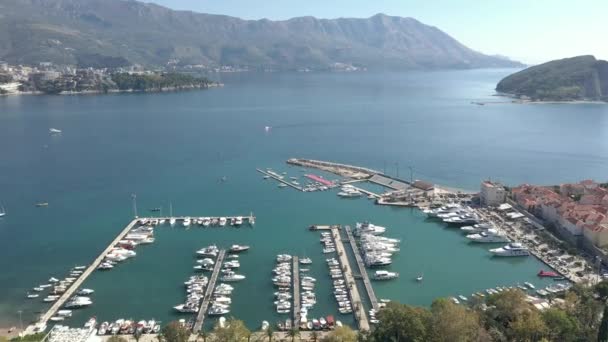 Luftaufnahme Eines Yachthafens Von Budva Stadt Montenegro Mit Festgemachten Booten — Stockvideo