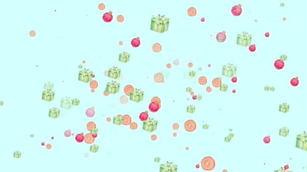 Schwebende Weihnachtsgeschenkboxen Mit Weißer Schleife Auf Hellblauem Hintergrund Süßigkeiten Bonbons — Stockvideo