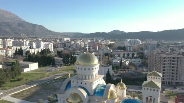 Aerial View Orthodox Athedral Big Golden Domes Main Church Bar — Αρχείο Βίντεο