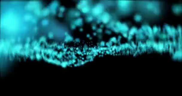 Animation abstraite ondes volantes particules scintillantes scintillantes brillantes sur un fond noir. abstrait numérique bleu particules ondes flux mouvement arrière-plan, boucle transparente 4K 