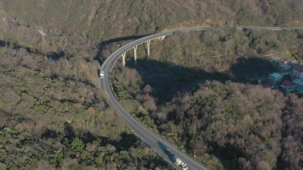 Tiro Aéreo Uma Estrada Montesa Sinuosa Estreita Uma Ponte Qual — Vídeo de Stock