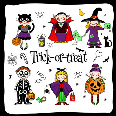 Ayarla, hile veya tedavi Cadılar Bayramı resimler, çocuk kostümleri