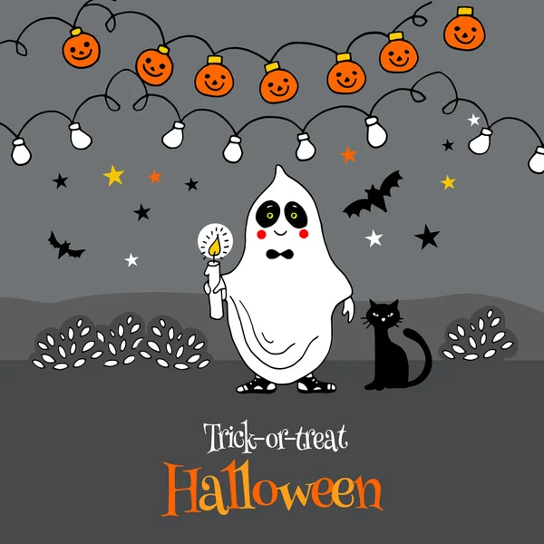 Fantasma, un niño en un disfraz de Halloween, ilustración vectorial dibujada a mano — Vector de stock