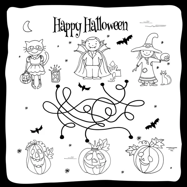 Happy Halloween Malbogen mit Labyrinth, Kinder in Kostümen und Kürbissen, handgezeichnete Vektorillustration — Stockvektor