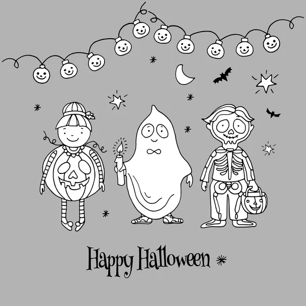 Niños en disfraces de Halloween, ilustración garabato vector dibujado a mano — Vector de stock