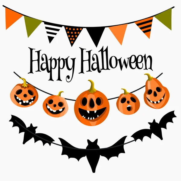 Happy Halloween greeting card with garlands, pumpkins and bats. Vector illustration — Stock Vector