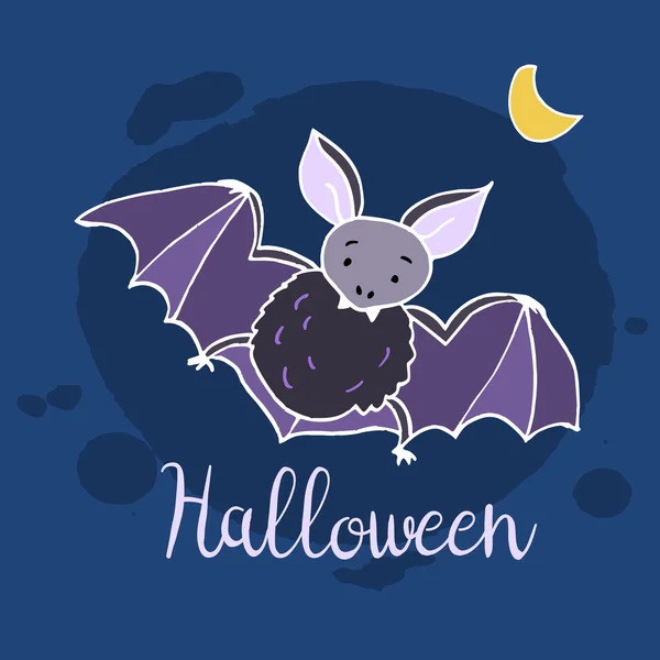 Murciélago de Halloween volando en la noche, tarjeta de felicitación de Halloween, ilustración vectorial dibujada a mano — Archivo Imágenes Vectoriales