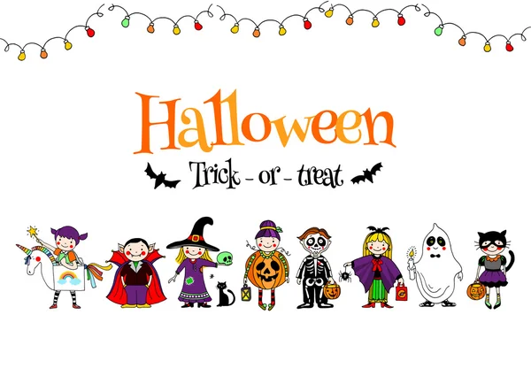 Grupo de niños en disfraces de Halloween, ilustración vectorial dibujado a mano, cartel — Vector de stock