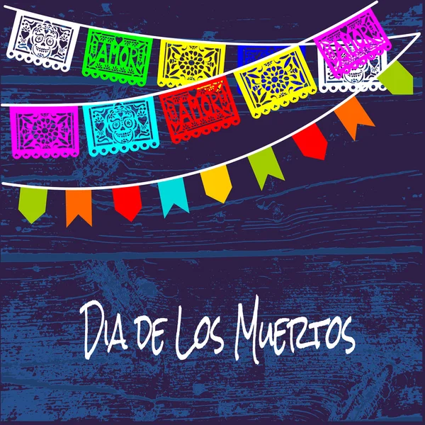 Dia de Los Muertos, Tarjeta del Día Mexicano de los Muertos, invitación, con banderas de papel cortado y una textura de madera en el fondo, ilustración vectorial . — Archivo Imágenes Vectoriales