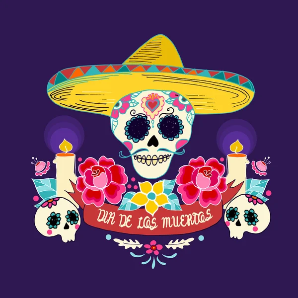 Cráneo mexicano del Día de los Muertos con flores y velas — Vector de stock