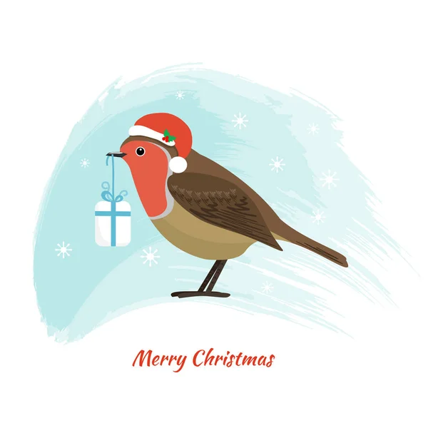 Robin, Santa Claus şapka ile küçük kuş ve yılbaşı hediyesi — Stok Vektör