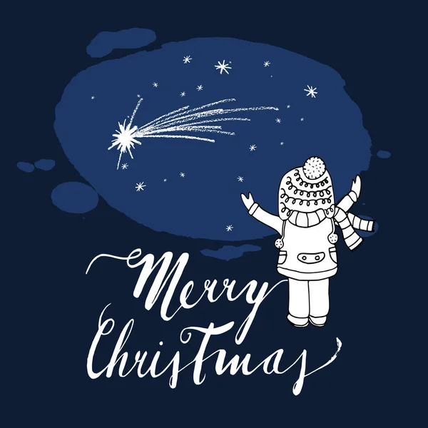 Çocuk geceleri, Noel tebrik kartı Noel kuyruklu yıldız izlerken — Stok Vektör