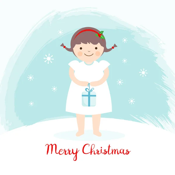 Petite fille avec un cadeau de Noël. Carte de voeux de Noël — Image vectorielle