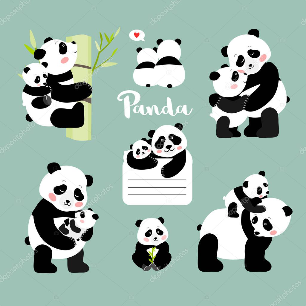 Set of panda mother with baby positions