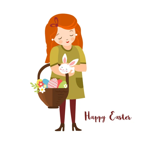 Flicka med påskhare och ägg, påsk gratulationskort, vektor illustration — Stock vektor