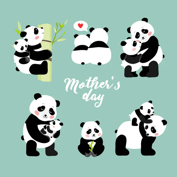 Dia das Mães conjunto de pandas, ilustração vetorial isolada — Vetor de Stock