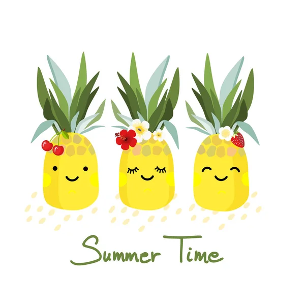 Trois ananas avec visages, illustration vectorielle isolée — Image vectorielle