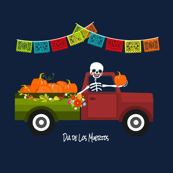 Mexicano Dia de los Muertos (Dia dos Mortos) esqueleto em uma pick up com abóboras —  Vetores de Stock