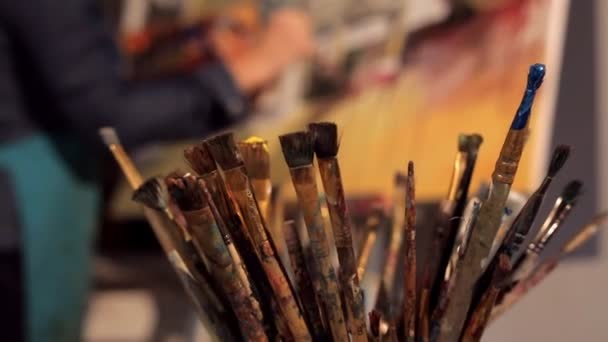 Set of brushes for the present, professional artist — Stock Video